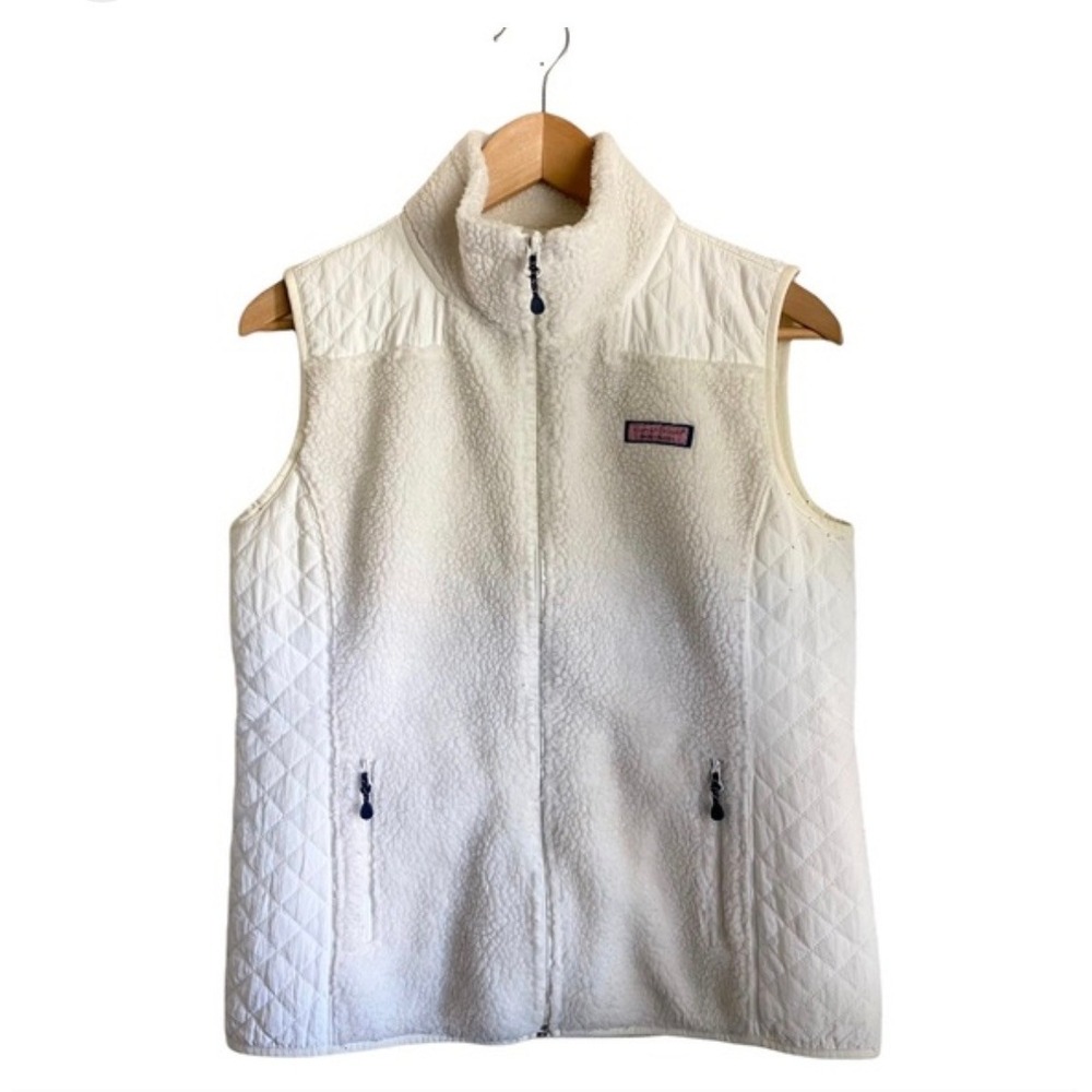 Vineyard Vines‎ Womens Ivory Sherpa Fleece Quilted Full Zip Vest XS White Preppy